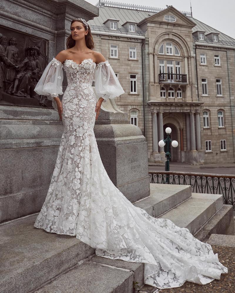 124121 strapless or long sleeve wedding dress with overskirt and 3d lace6